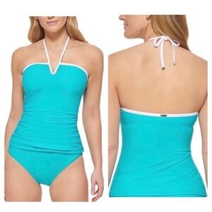 CALVIN KLEIN Women’s Blue V-Wire Bandeau Halter Tankini Top Size L White NWT